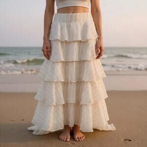 SHORE Coastal Boho Chiffon Maxi Skirt White Metallic Gold sz M | NWT $248